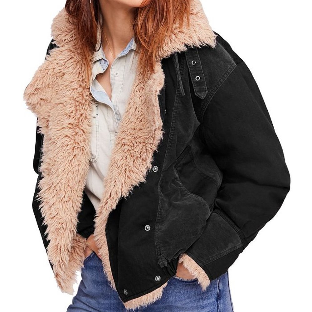 Free People Owen Black Sherpa Trim Asymmetrical Snap Front Bomber Jacket S